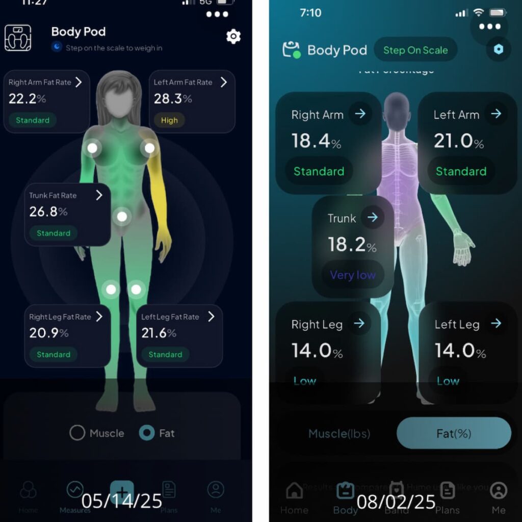screenshot of before and after fat loss results with the body pod