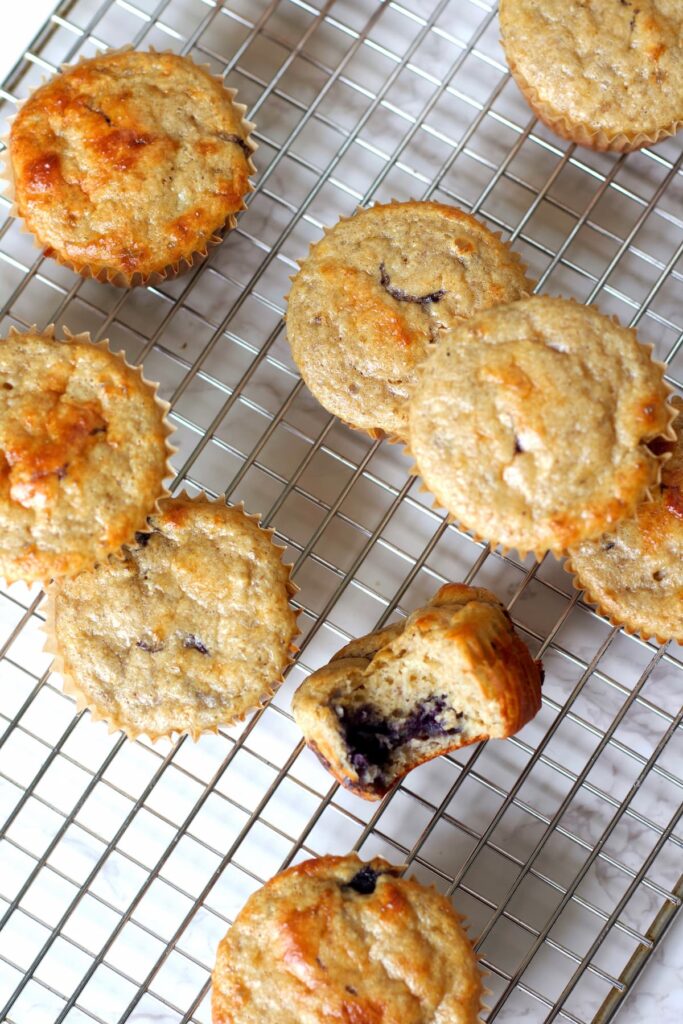 blueberry cottage cheese muffin on a wire cooling rack