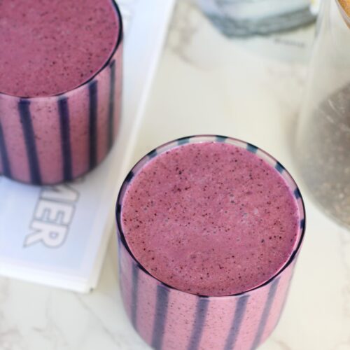 blueberry mint probiotic smoothie in two glasses