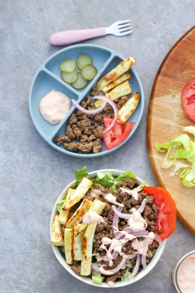 healthy burger bowl recipe with an adult and toddler plate