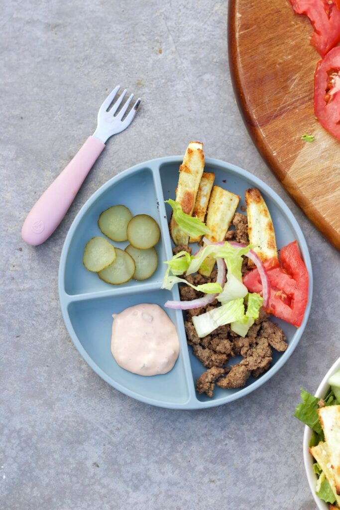 toddler plate with healthy burger bowl