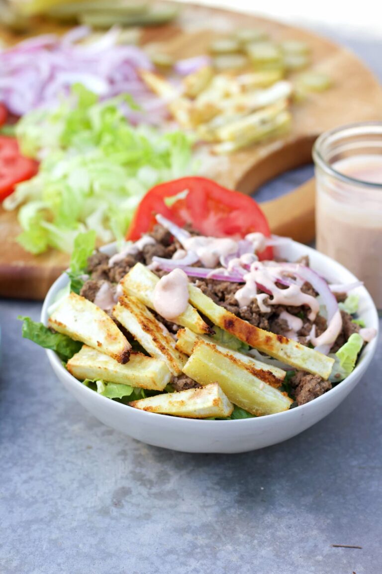 healthy burger bowl recipe in a bowl