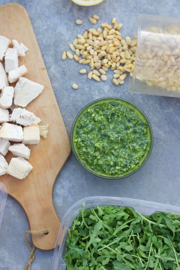 high protein pesto pasta salad like chicken, pine nuts and pesto