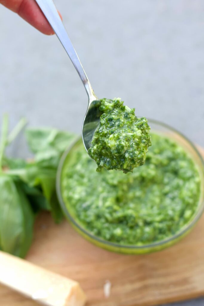 pesto without pine nuts on a spoon