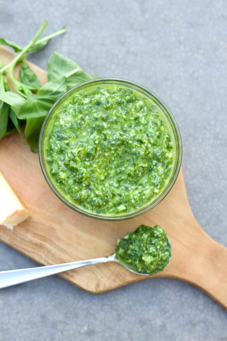pesto without pine nuts from overhead in a bowl