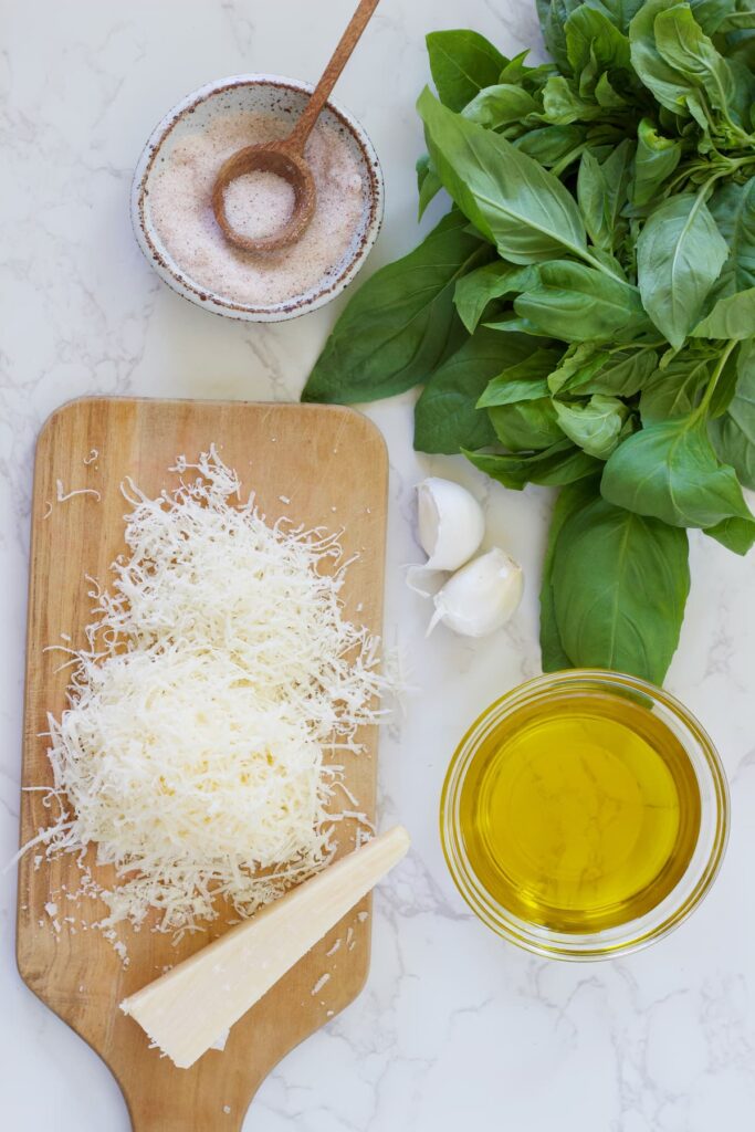 pesto without pine nuts ingredients like olive oil, garlic, salt, parmesan and basil