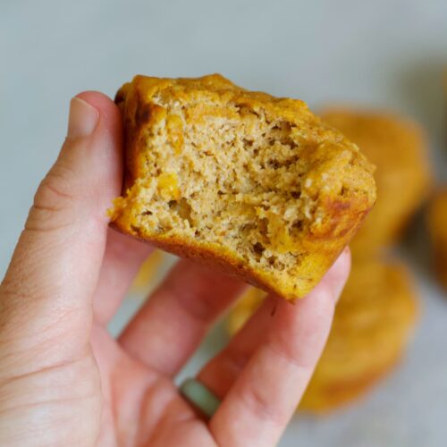 protein pumpkin muffin with a bite taken out
