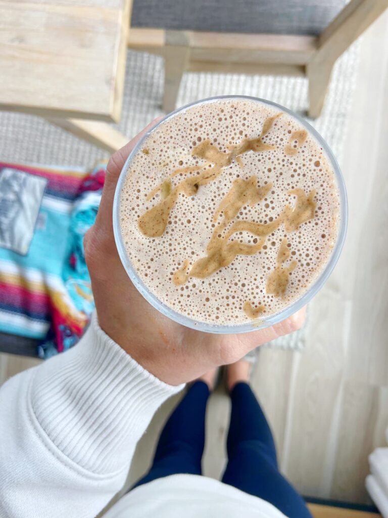 almond butter smoothie in a glass
