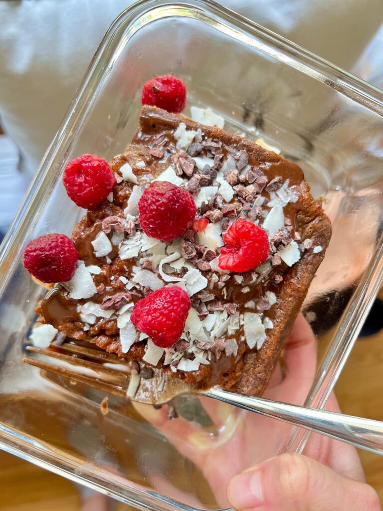 chocolate protein pancakes in a dish