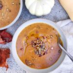 roasted vegetable soup bowls with pumpkin seed topping
