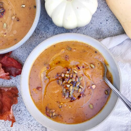 roasted vegetable soup bowls with pumpkin seed topping