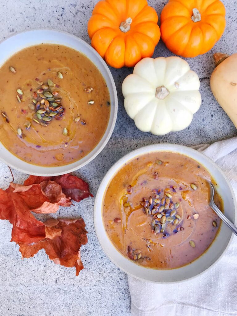 roasted vegetable soup bowls with pumpkin seed topping