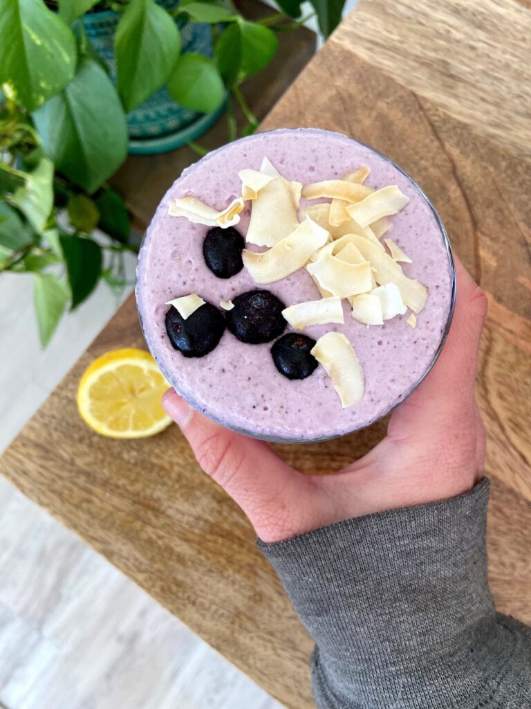 lemon blueberry pie protein smoothie in a glass