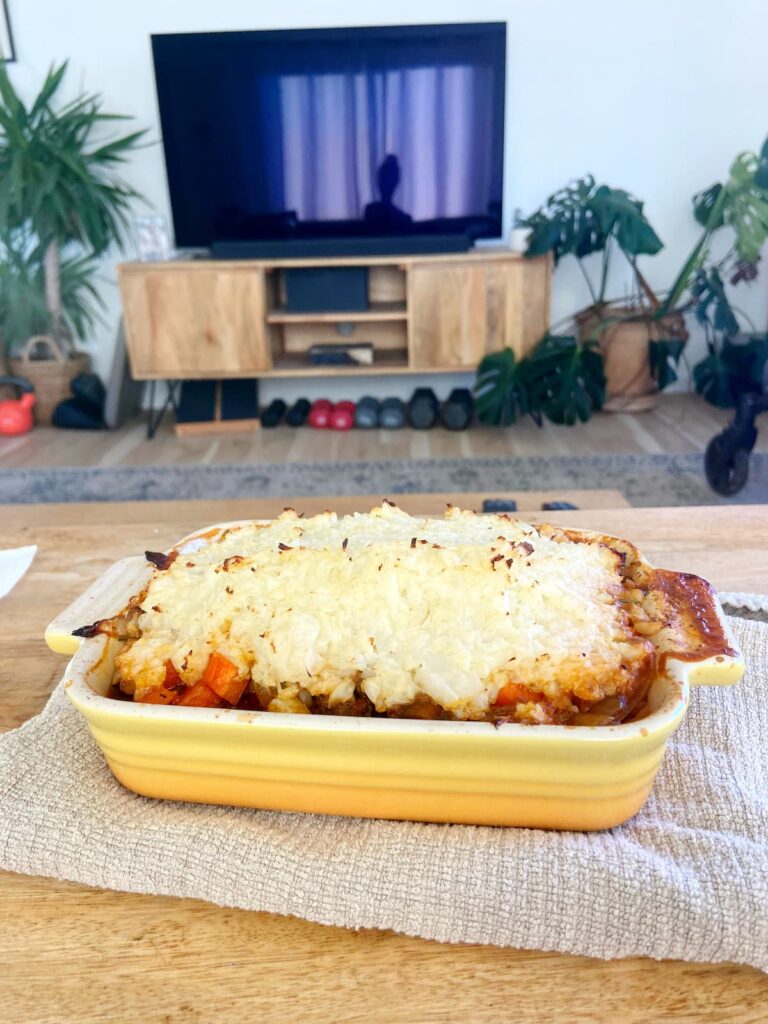 healthy shepherds pie in a baking dish