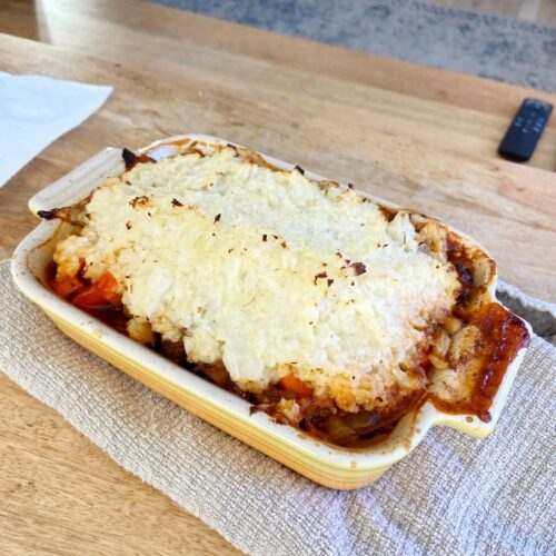 healthy shepherds pie in a baking dish