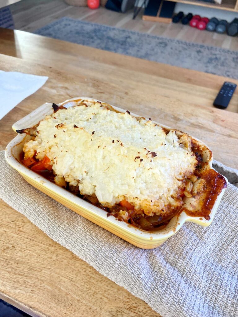healthy shepherds pie in a baking dish