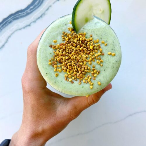 cucumber smoothie with bee pollen topping