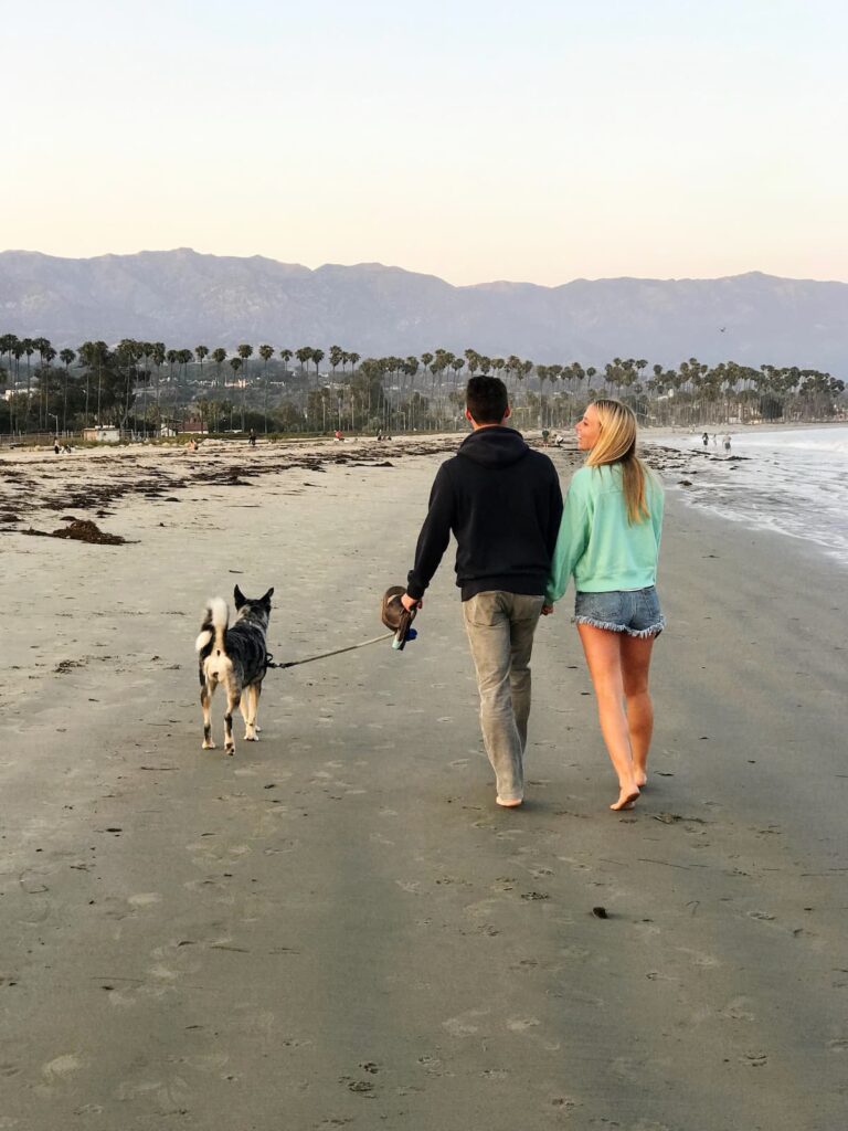 two people walking on the beach with a dog