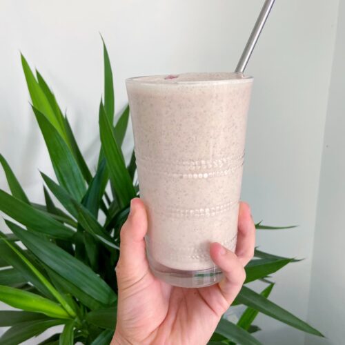 strawberry protein smoothie in a glass