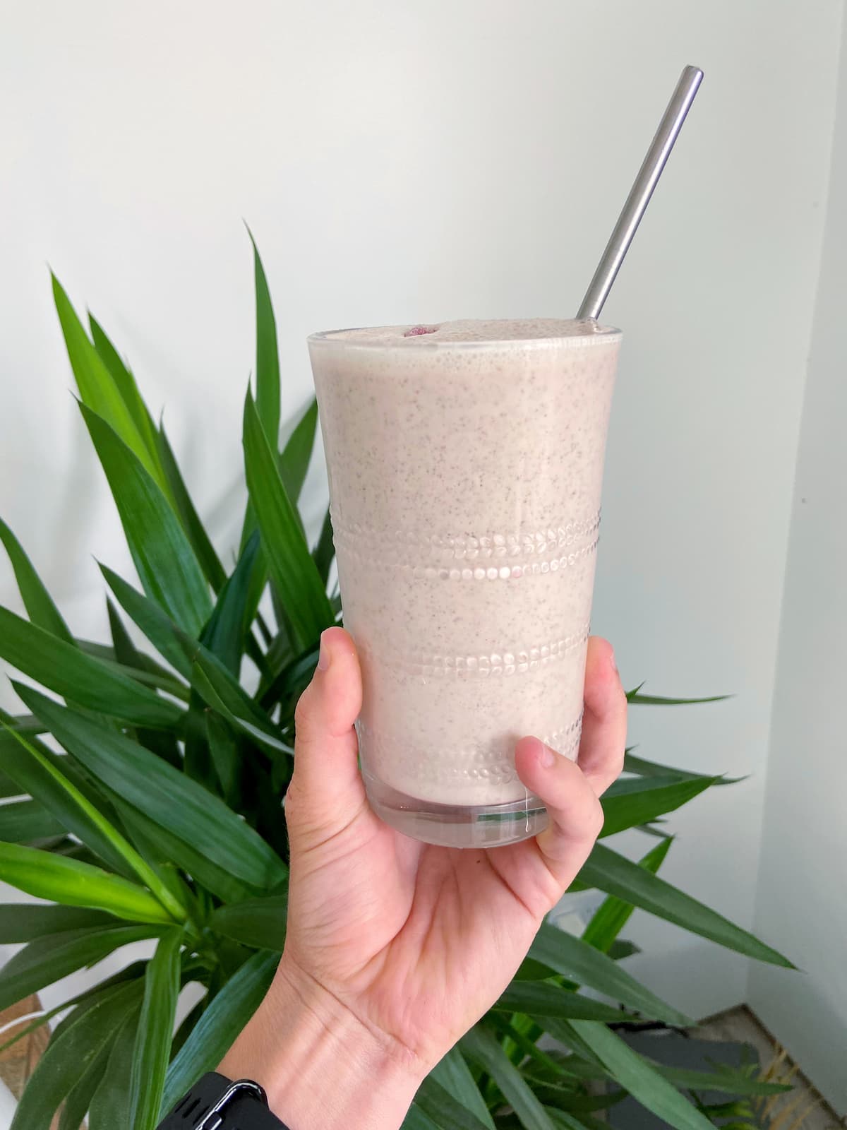 strawberry protein smoothie in a glass