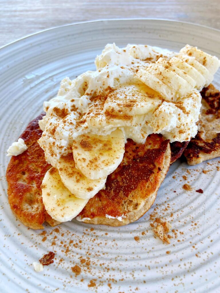 Cinnamon Banana Protein Pancake with toppings