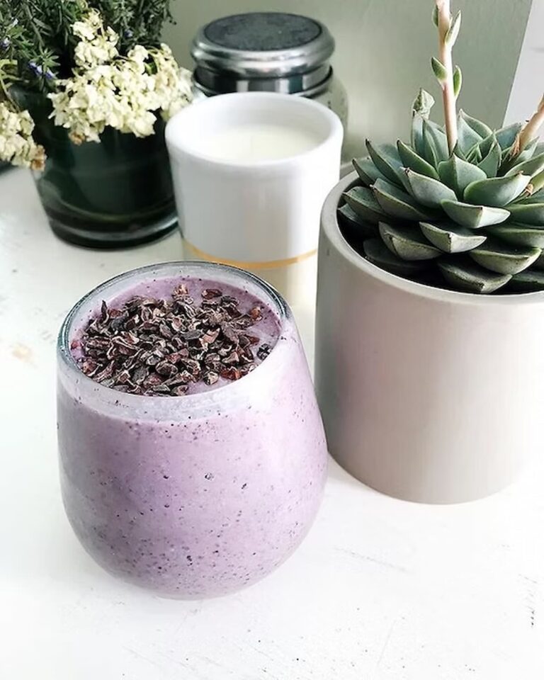 blueberry smoothie next to a cactus plant