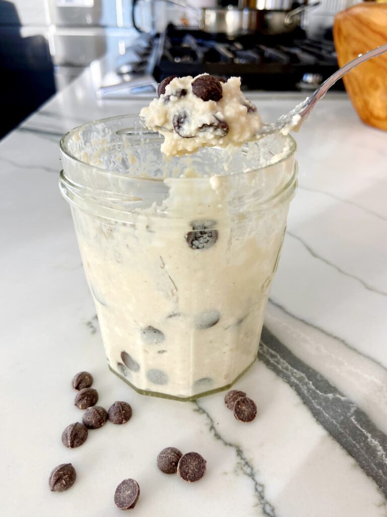 chocolate chip cottage cheese cookie dough in a jar