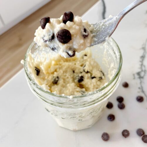 chocolate chip cottage cheese cookie dough scooped on a fork