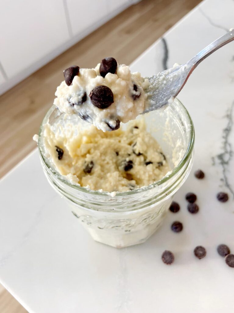 chocolate chip cottage cheese cookie dough scooped on a fork