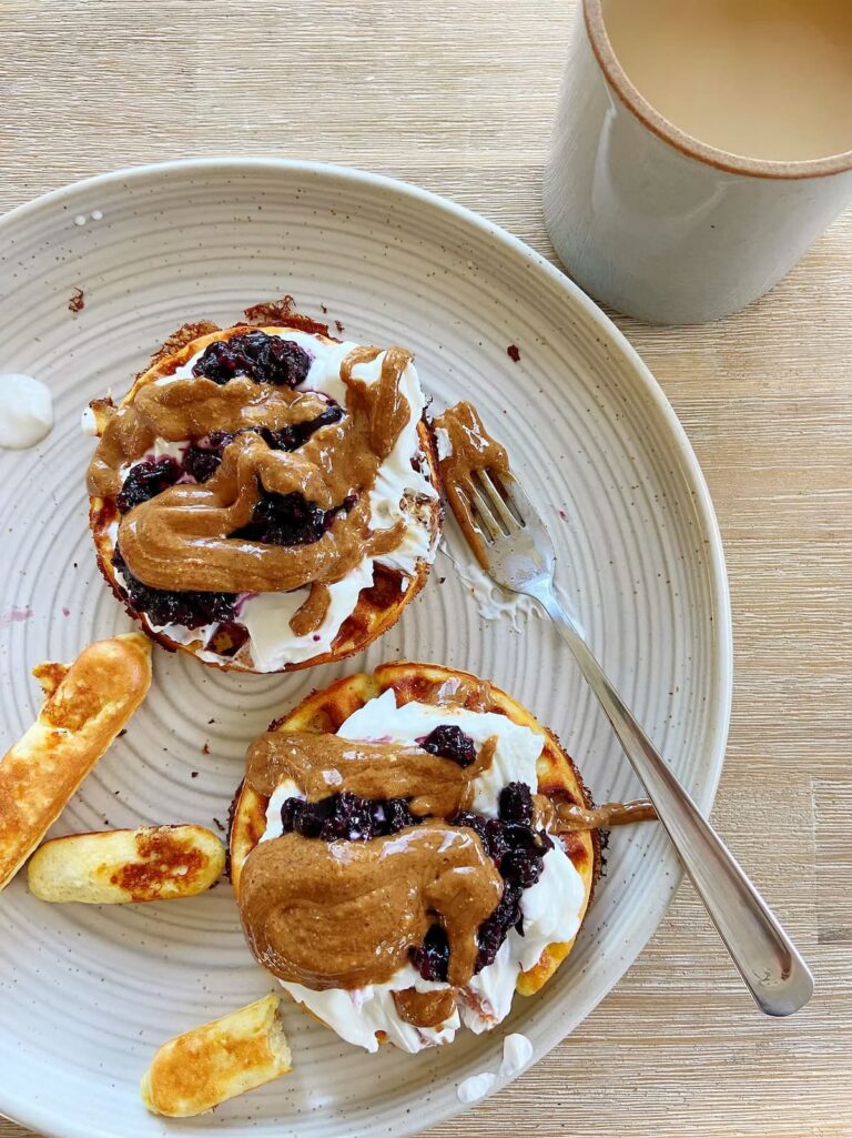 chocolate chip protein waffles with greek yogurt and berries topping