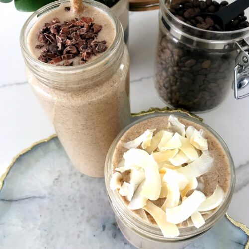 coconut vanilla latte protein smoothie with toppings