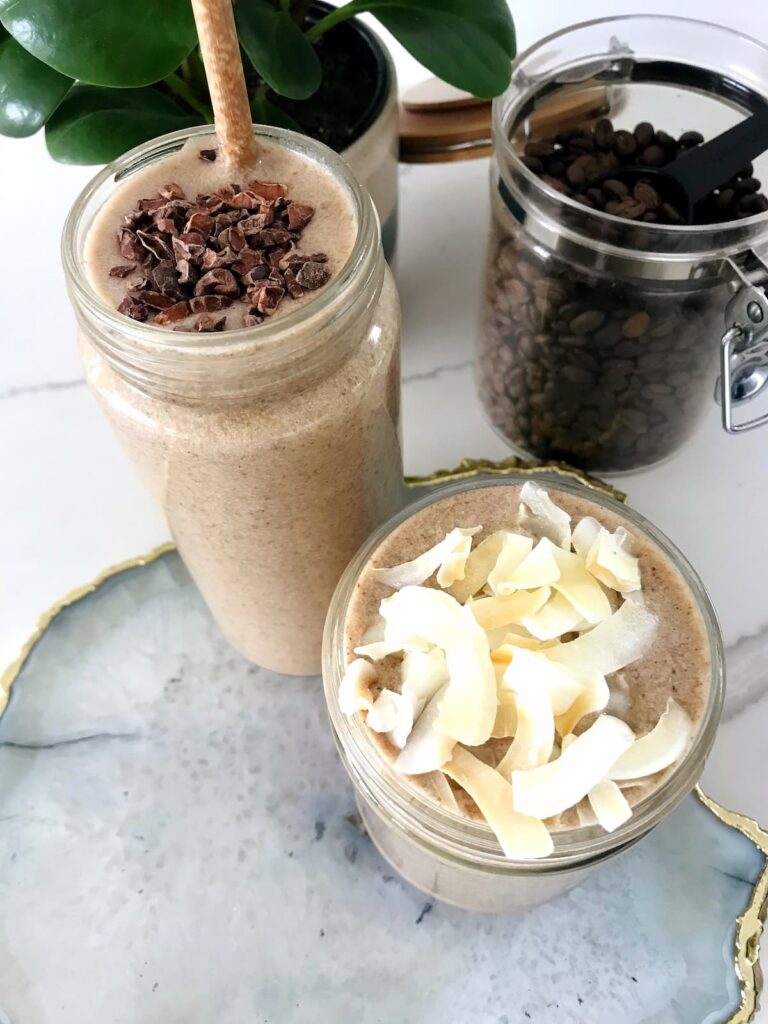 coconut vanilla latte protein smoothie with toppings