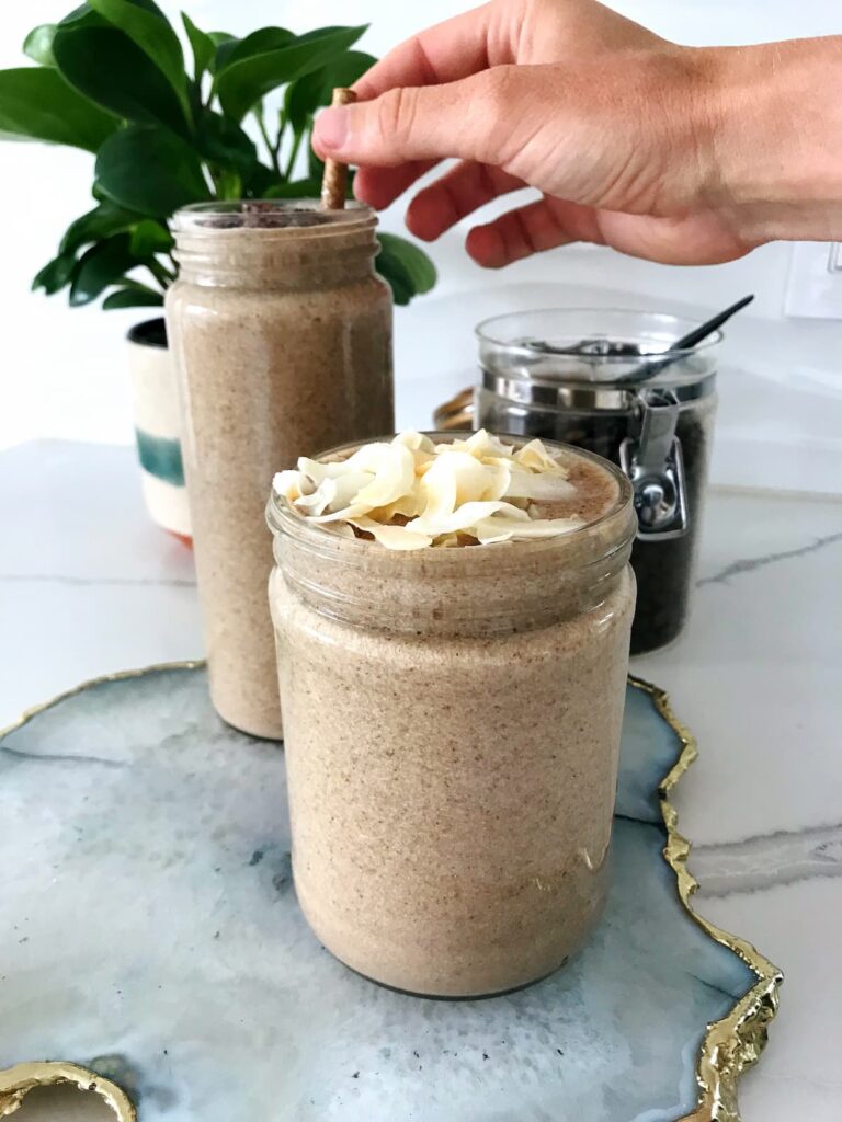 coconut vanilla latte protein smoothie with toppings