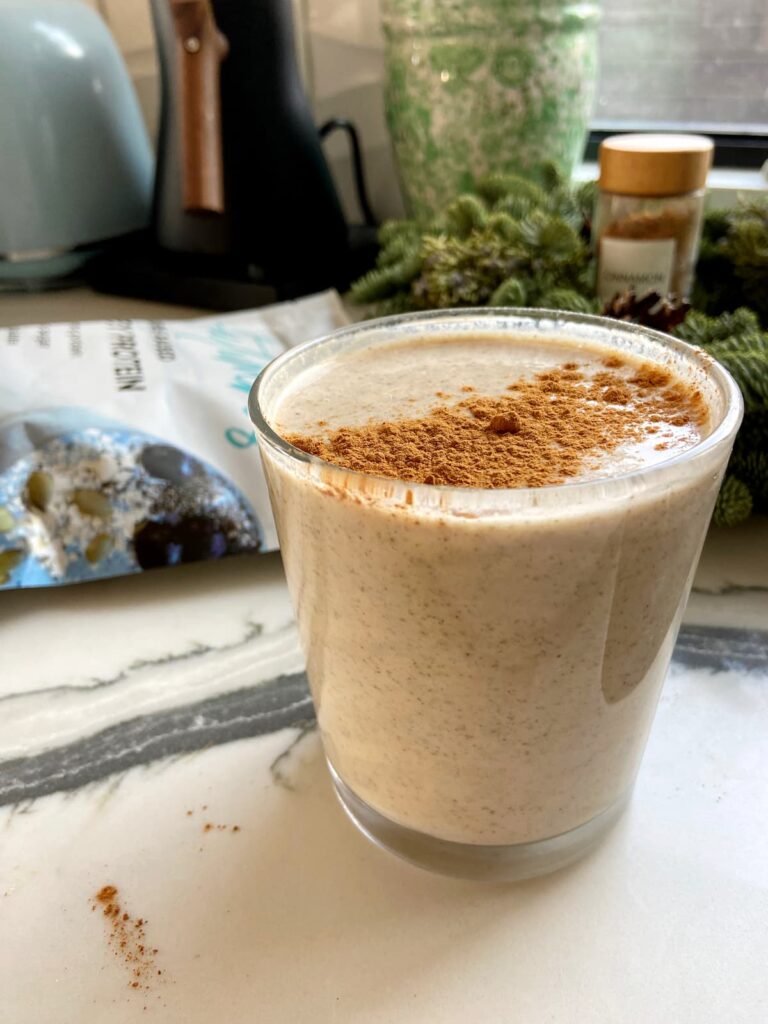 bananan peanut butter protein smoothie in a glass