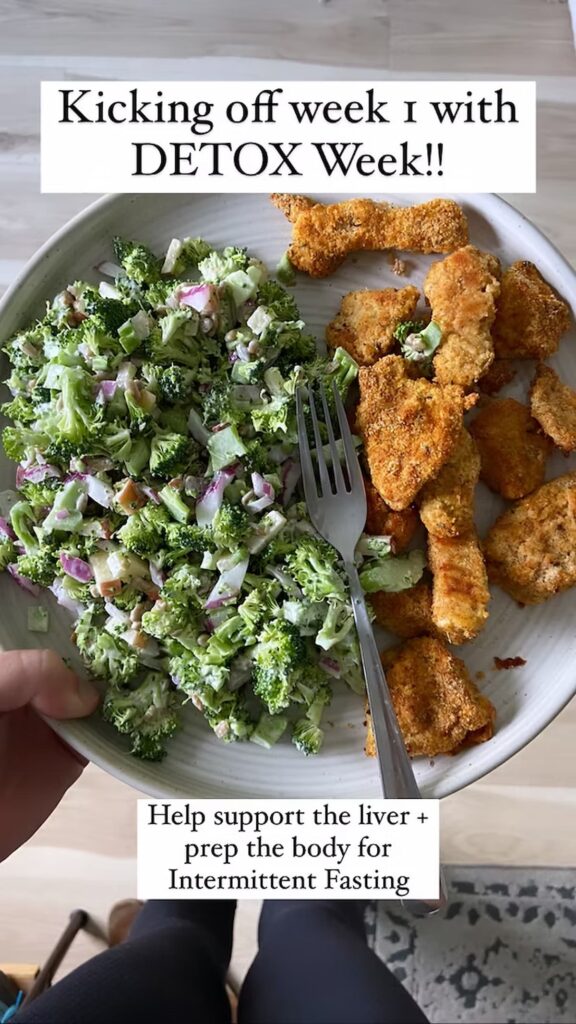 detox meal with broccoli salad and chicken tenders