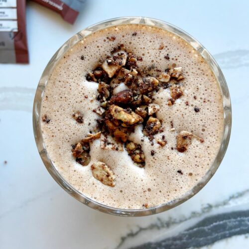 mocha protein smoothie with cacao topping