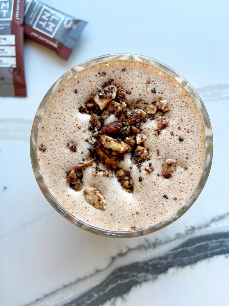 mocha protein smoothie with cacao topping