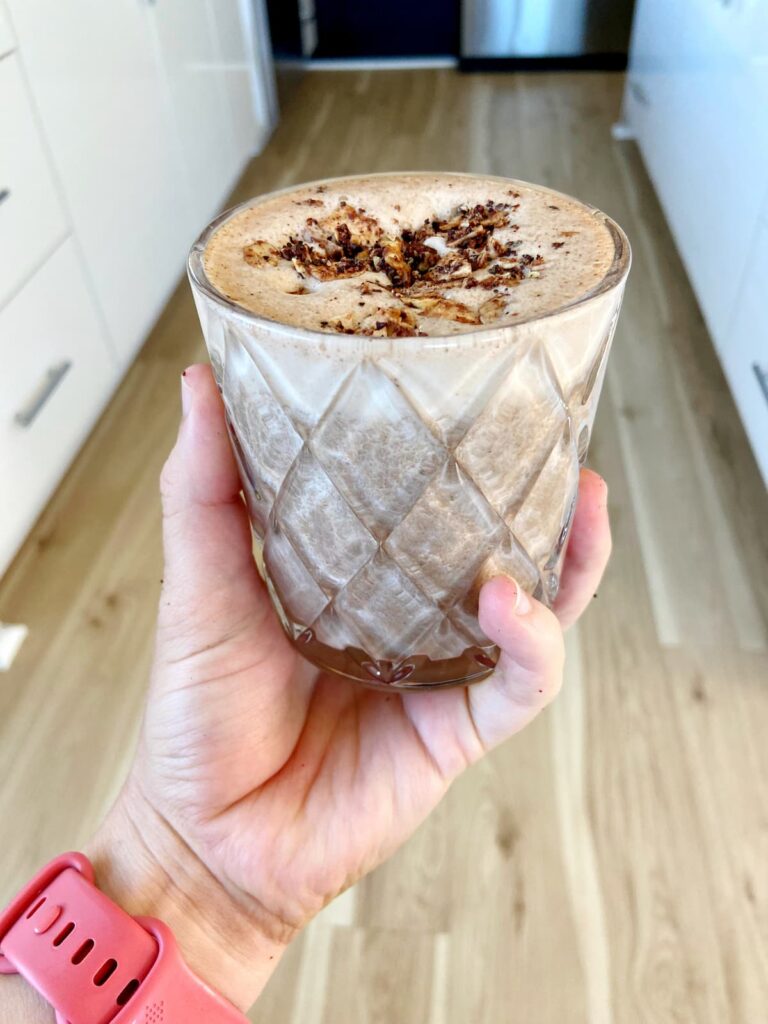 mocha protein smoothie in a glass