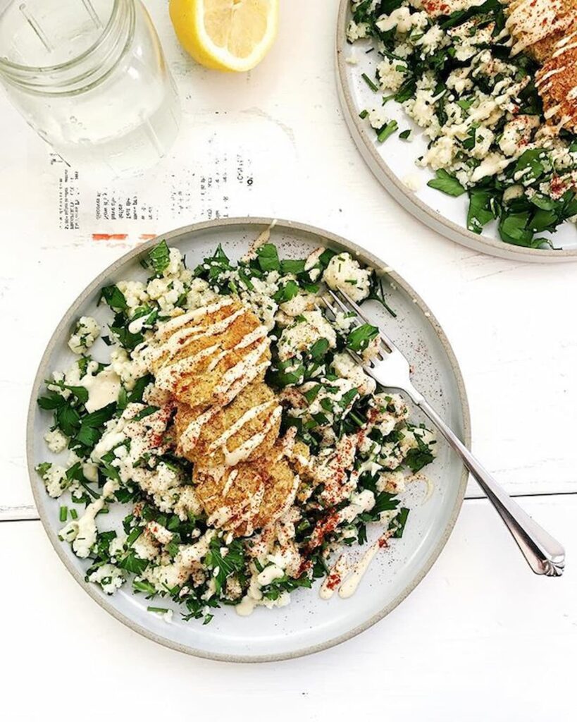 homemade falafels with cauliflower rice tabbouleh