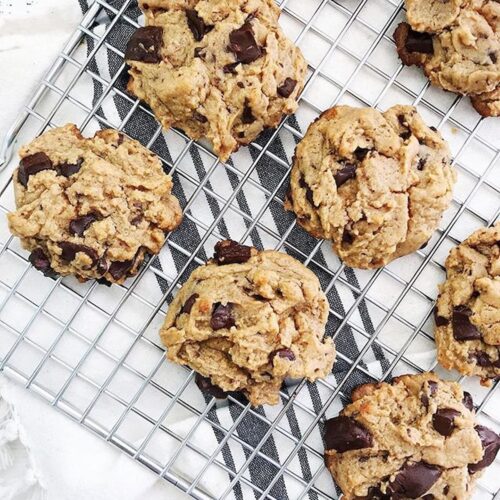 gluten-free chocolate chip cookies on a wire cooling rack