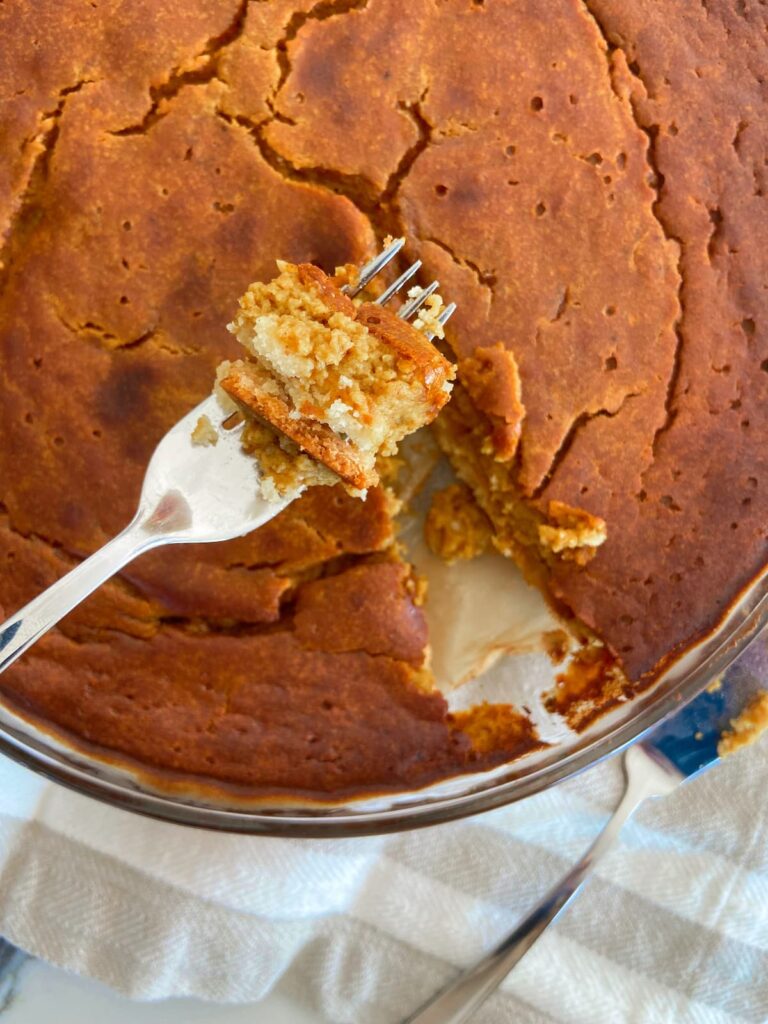 healthy pumpkin pie recipe with a bite and a fork