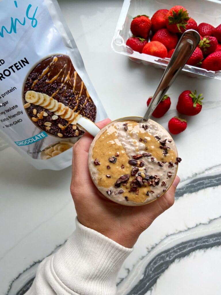 chocolate peanut butter high protein chia pudding in a cup