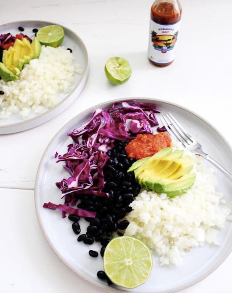 low carb burrito bowl with black beans, avocado and cauliflower rice