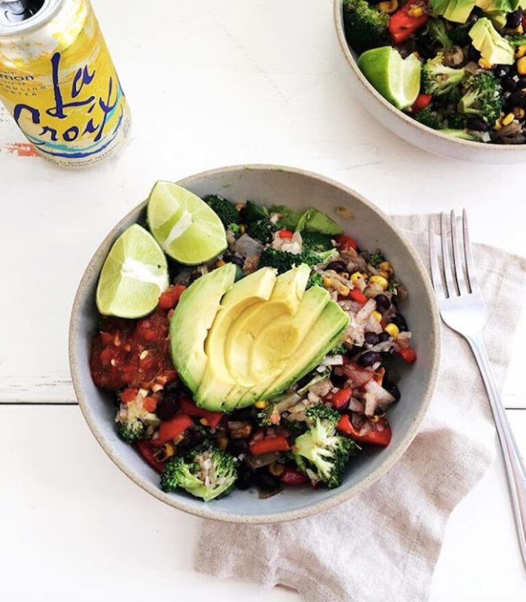 low carb burrito bowl with avocado and lime