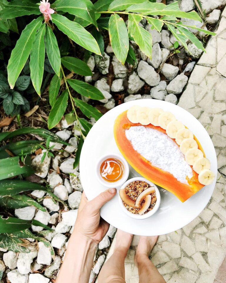 coconut chia pudding in a papaya