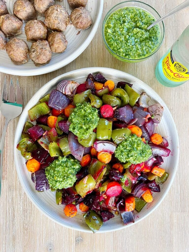 roasted vegetables with pesto and meatballs