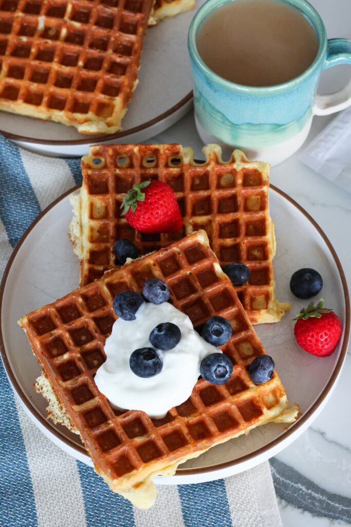 vanilla protein waffle with coffee and toppings