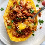 healthy pumpkin sausage pasta made with spaghetti squash