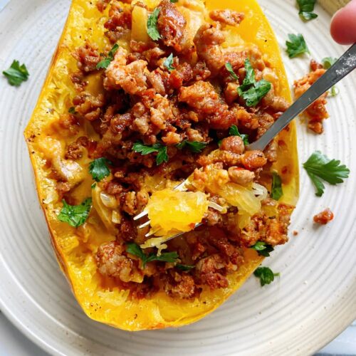 healthy pumpkin sausage pasta made with spaghetti squash