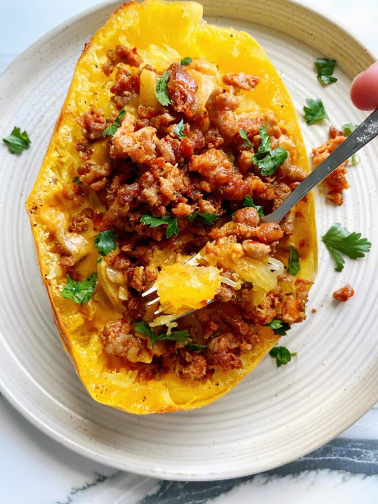 healthy pumpkin sausage pasta made with spaghetti squash